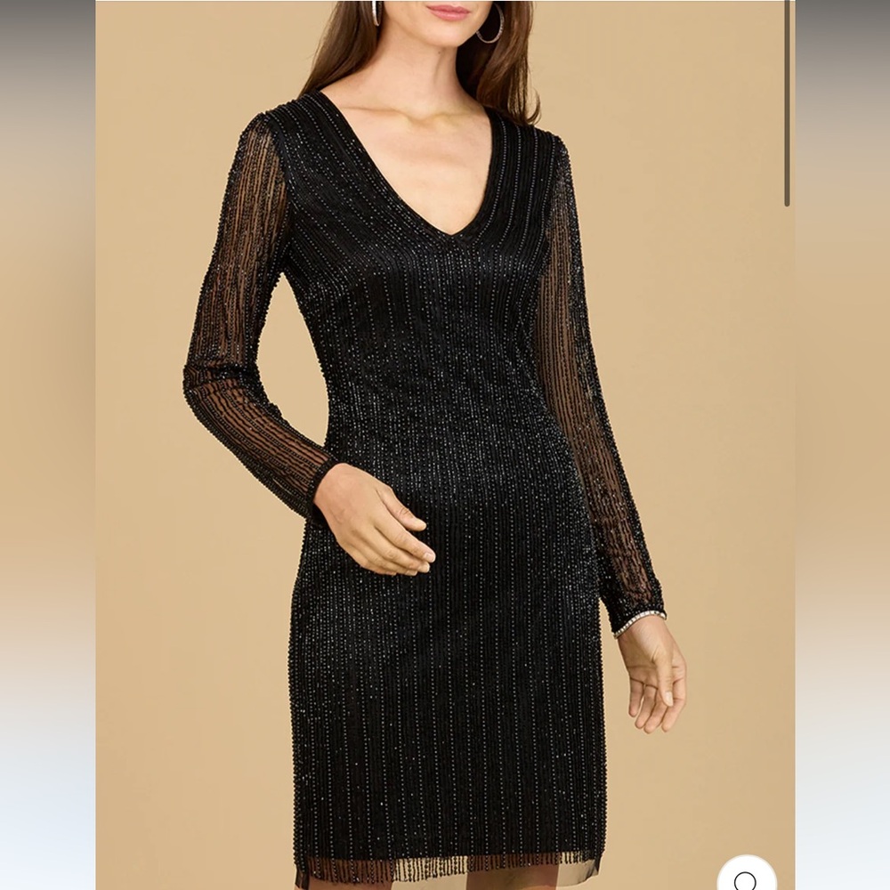 LARA 29164 CLASSIC V-NECK BEADED LONG SLEEVE COCKTAIL DRESS NWOT